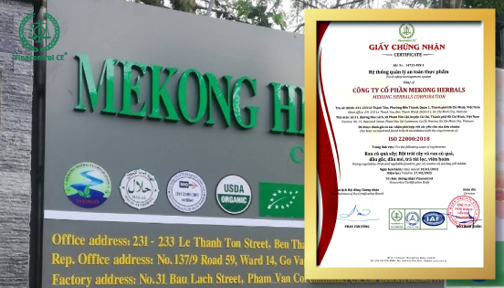 Chứng nhận ISO 22000:2018 của Công ty cổ phần Mekong Herbals do Vinacontrol CE HCM cấp