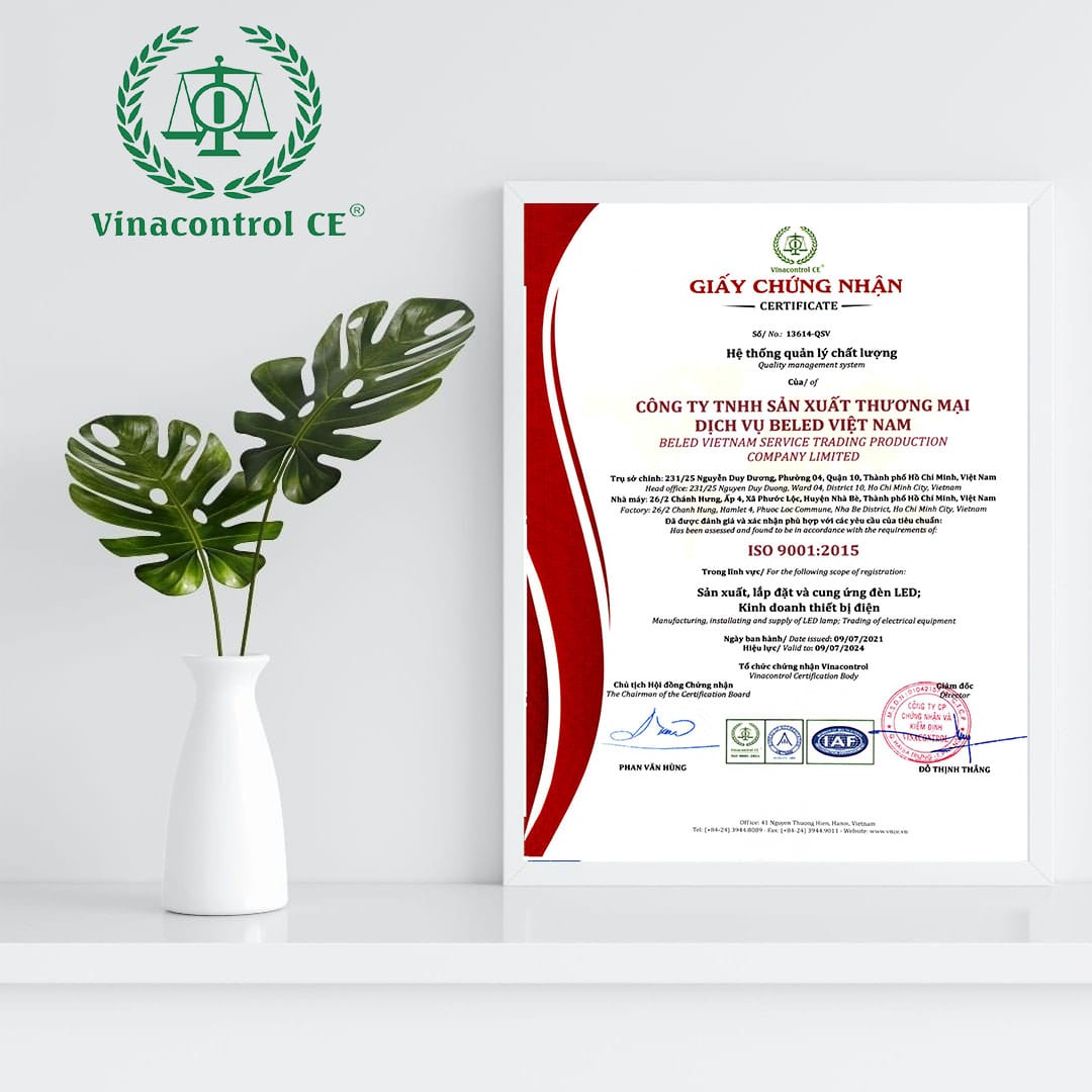 Giấy chứng nhận tiêu chuẩn ISO 9001:2015 cấp bởi Vinacontrol CE